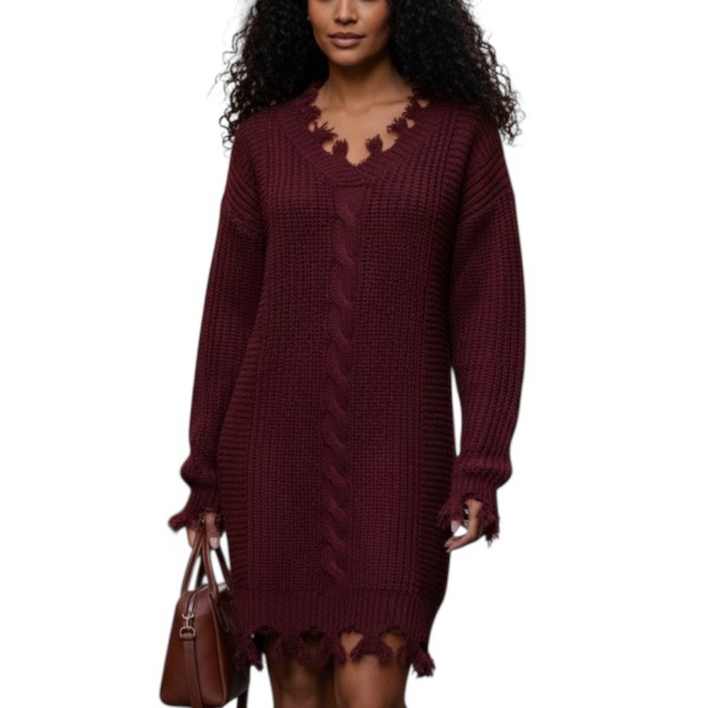 Full Circle Trends Wine/Burgundy Cable Knit Raw/Cut Hemlines Sweater Dress Sz M